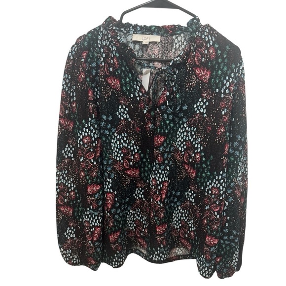 LOFT Dark Floral Blouse Tie Neck Size Large - Picture 2 of 6